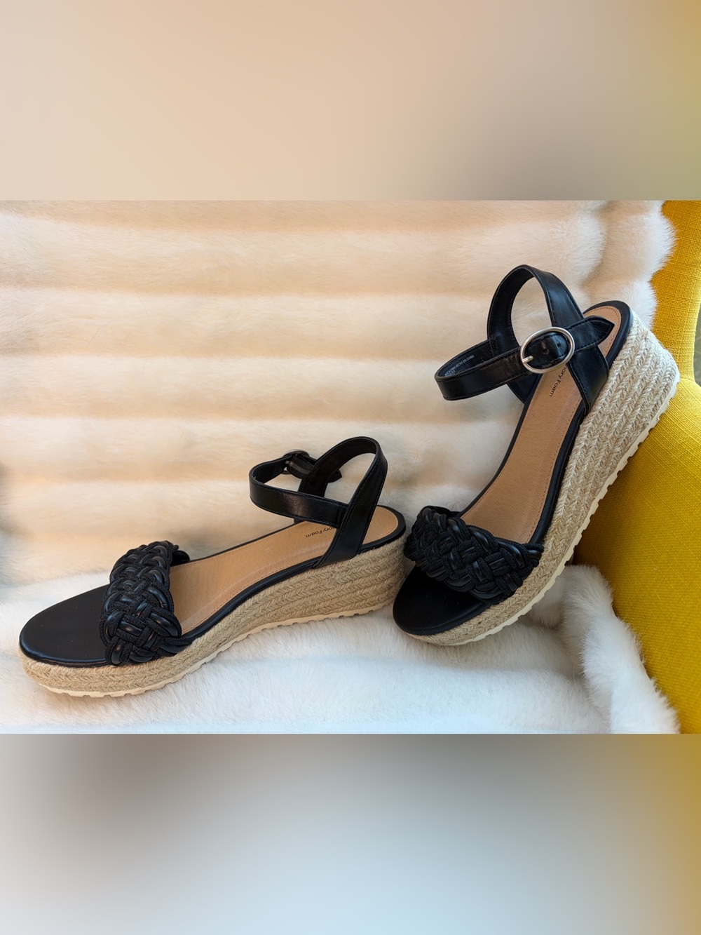 Time and Tru Black Woven Espadrille Wedge Sandals